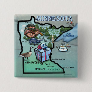 Minnesota Cartoon Map Vierkante Button 5,1 Cm