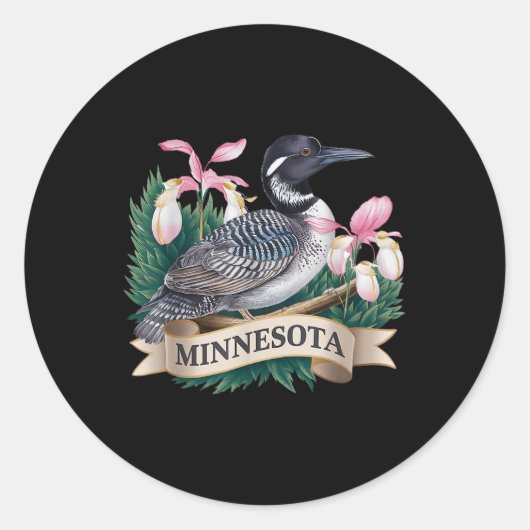 Minnesota Common Loon Bird en Lady Slippers Flow Ronde Sticker (Voorkant)