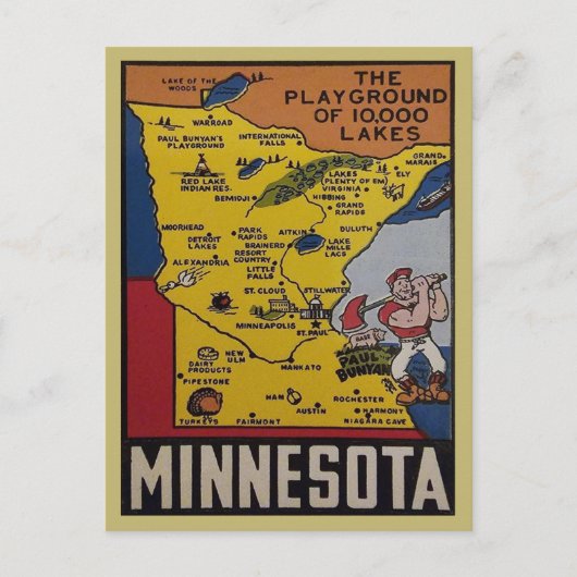 Minnesota Fun Vintage Travel State Kaart jaren 195 (Voorkant)
