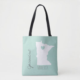 Minnesota-kaart met hartpersonalisatienaam tote bag
