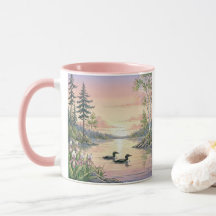 Minnesota-meer zonsondergang met duikers, koffiemo