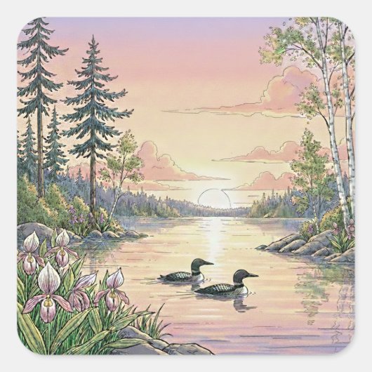 Minnesota-meer zonsondergang met duikers, stickers (Voorkant)