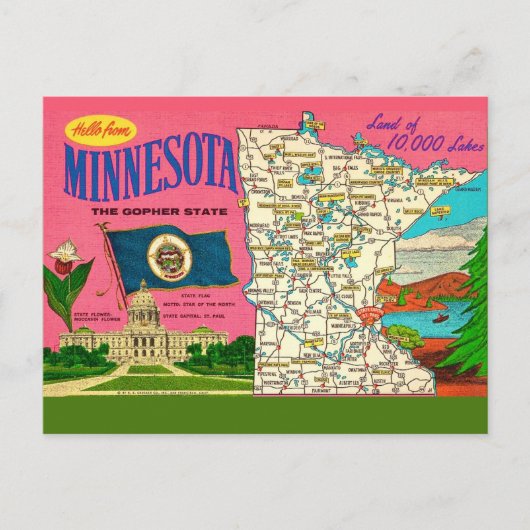 Minnesota Meren Kaart Ansichtkaart (Voorkant)