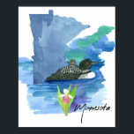 Minnesota State Shape Loon Water Lady Slipper Poster<br><div class="desc">A poster print decorated with a common loon and one of her chicks riding on her back floating in a calm lake with a pink and white lady's slipper flower over the state shape drawn with black ink and painted with watercolor. Inspired by the state bird and state flower of...</div>