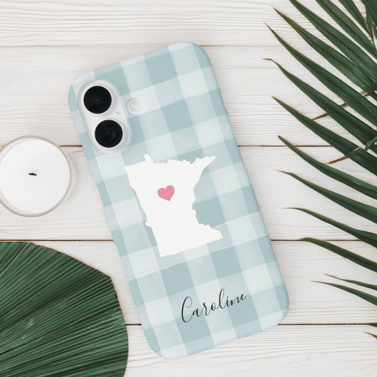 Minnesota State Silhouet Rustieke Mint Plaid Case-Mate iPhone Case