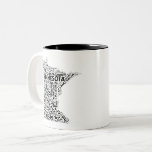Minnesota State Word Cloud Tweekleurige Koffiemok (Voorkant links)