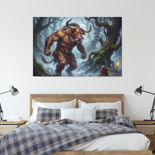 Minotaur Ontmoeting in het Nevelige Labyrint Canvas Afdruk (Insitu (Slaapkamer))