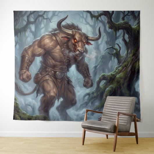 Minotaurus ontmoeting in het nevelige labyrint wandkleed (In Situ (horizontaal))