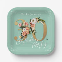 Mint 30th Birthday Gold Text Floral  Custom