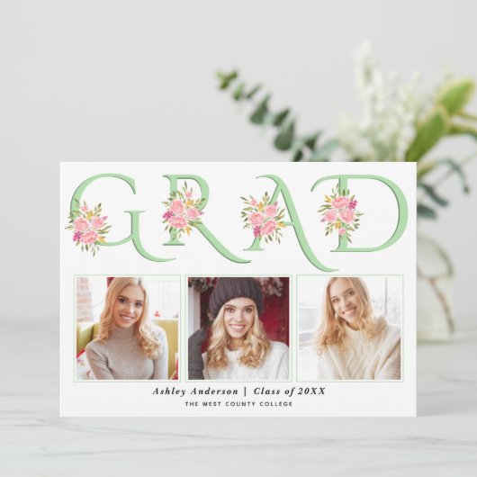 Mint AFSTUDEERDER typografie roze rozen foto afstu Aankondiging (Staand voorkant)