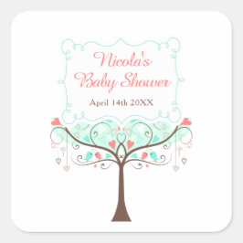 Mint and Coral Floral Bird Baby Shower  Vierkante Sticker