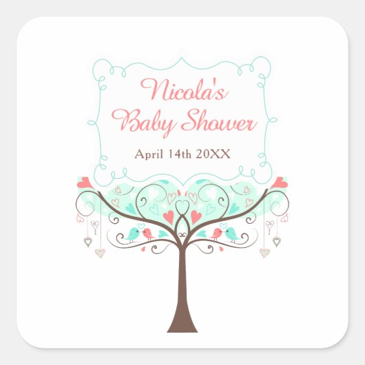Mint and Coral Floral Bird Baby Shower  Vierkante Sticker (Voorkant)