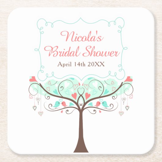 Mint and Coral Floral Bird Bridal Shower Kartonnen Onderzetters (Voorkant)