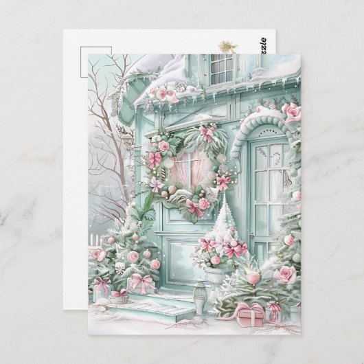 Mint and Pink Christmas House Postcard Briefkaart (Voorkant / Achterkant)