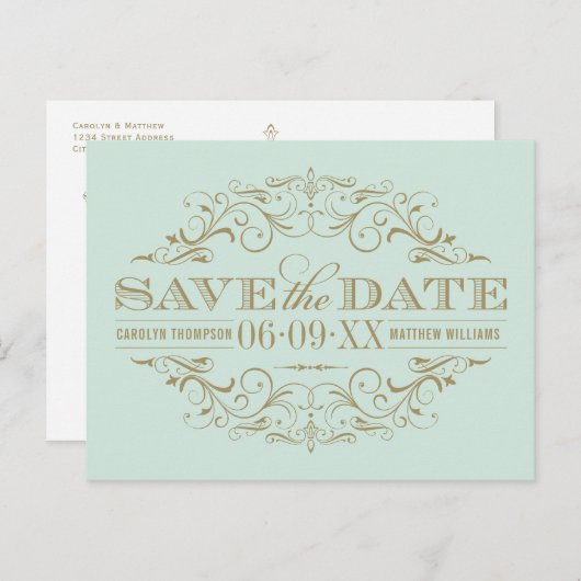 Mint Antiek Bloei Save the Date Aankondigingskaart (Voorkant / Achterkant)