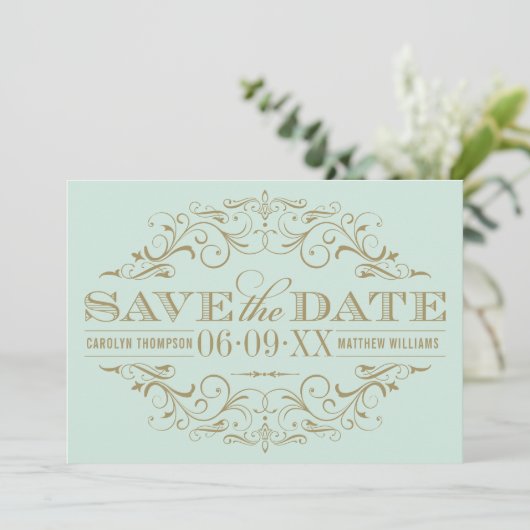 Mint Antiek bloeien bruiloft Save The Date (Staand voorkant)