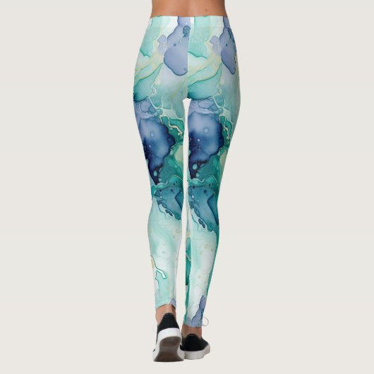 Mint Aqua Blauw Inkt Marmer Leggings (Achterkant)