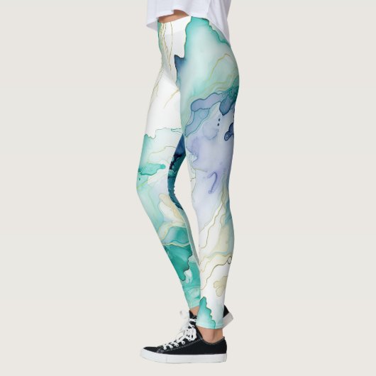 Mint Aqua Blauw Inkt Marmer Leggings (Links)