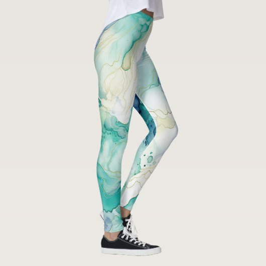 Mint Aqua Blauw Inkt Marmer Leggings (Rechts)