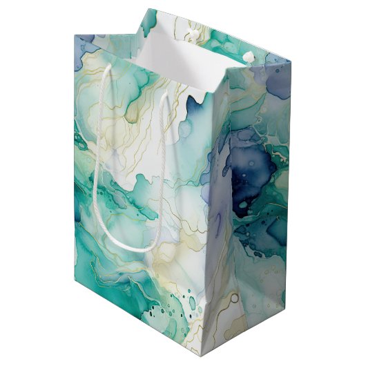 Mint Aqua Blauw Inkt Marmer Medium Cadeauzakje (Voorkant Gekanteld)