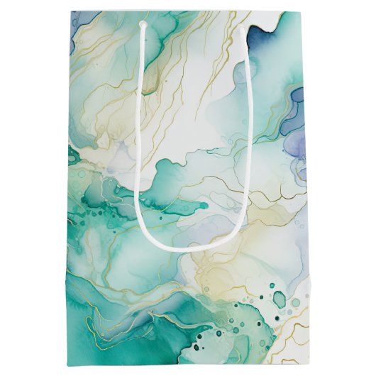 Mint Aqua Blauw Inkt Marmer Medium Cadeauzakje (Achterkant)