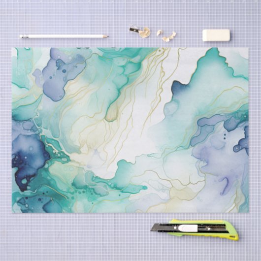 Mint Aqua Blauw Inkt Marmer Tissuepapier (Craft)