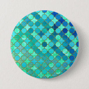Mint Aqua Blauwgroen Gold Oriental Moroccan Tegel Ronde Button 7,6 Cm