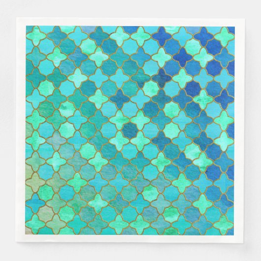 Mint Aqua Blauwgroen Gold Oriental Moroccan Tegel Servet (Voorkant)