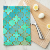 Mint Aqua Blauwgroen Gold Oriental Moroccan Tegel Theedoek (Quarter Fold)
