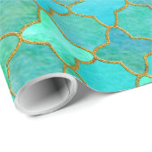 Mint Aqua Blauwgroen Gold Oriental Moroccan Tile Cadeaupapier (Rol Hoek)