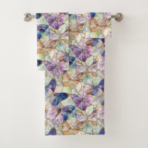 Mint Aqua Blue Paarse Vlinders Bad Handdoek