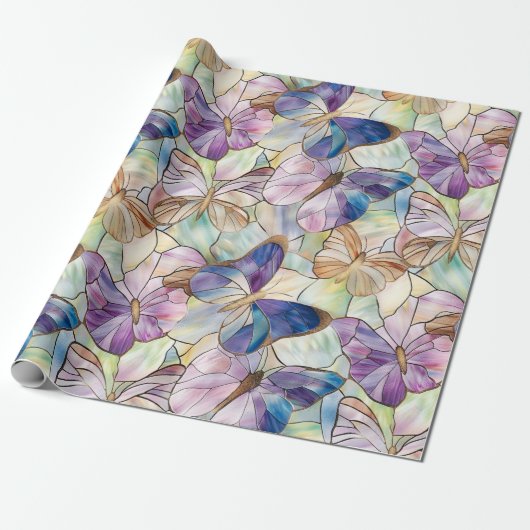 Mint Aqua Blue Paarse Vlinders Cadeaupapier (Uitgerold)