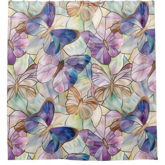 Mint Aqua Blue Paarse Vlinders Douchegordijn (Voorkant)