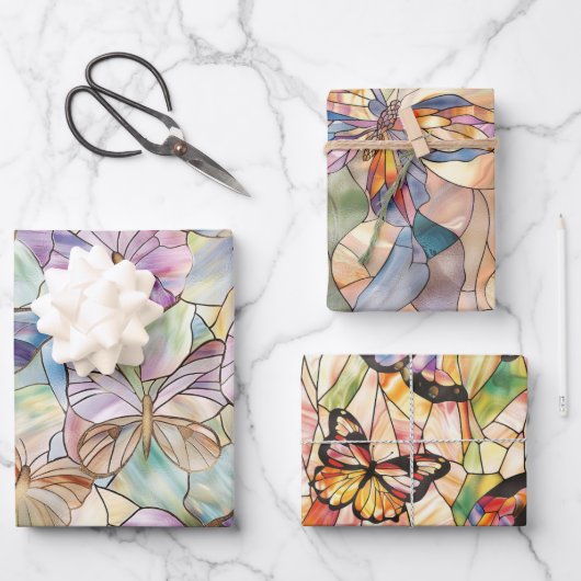 Mint Aqua Blue Paarse Vlinders Inpakpapier Vel (Voorkant)