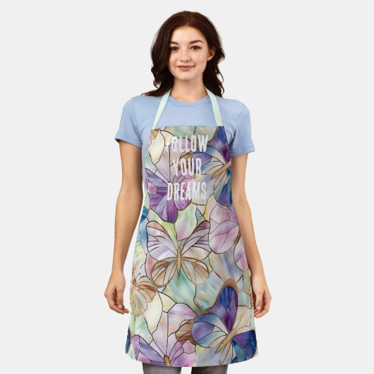 Mint Aqua Blue Paarse Vlinders Schort (Gedragen)