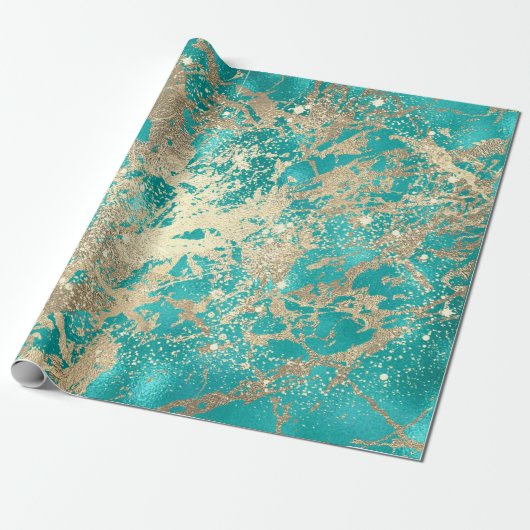 Mint Aqua Champaigne Gold Marble Metallic Strokes Cadeaupapier (Uitgerold)