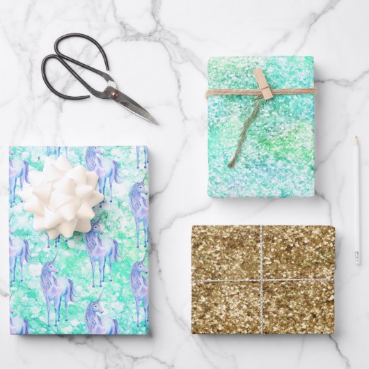Mint Aqua Confetti Glitter Eenhoorn Inpakpapier Vel (Voorkant)