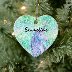 Mint Aqua Confetti Glitter Unicorn Keramisch Ornament