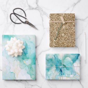 Mint Aqua Glam Elegant Goud Marmer Inpakpapier Vel