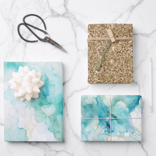 Mint Aqua Glam Elegant Goud Marmer Inpakpapier Vel (Voorkant)