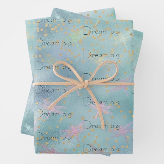Mint Aqua Gold Confetti dromerige libellen Inpakpapier Vel (In situ)