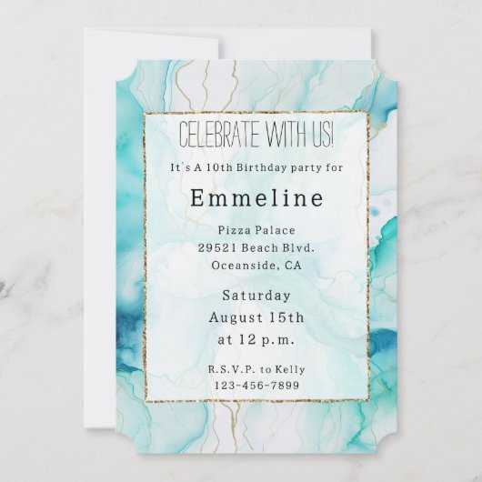 Mint Aqua Gold Zeemeermin Ink Marmer Kaart (Voorkant)