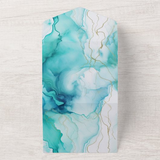 Mint Aqua Goud Inkt Marmer All In One Uitnodiging (Buitenkant)