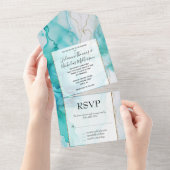 Mint Aqua Goud Inkt Marmer All In One Uitnodiging (Afscheurbaar)