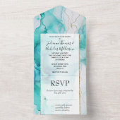 Mint Aqua Goud Inkt Marmer All In One Uitnodiging (Binnen)