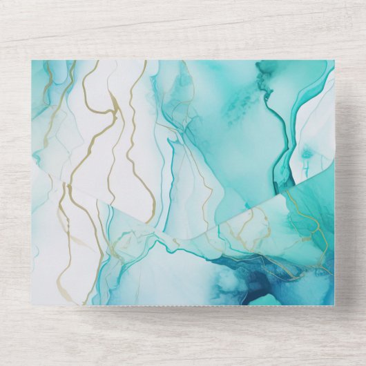 Mint Aqua Goud Inkt Marmer All In One Uitnodiging (Achterkant)