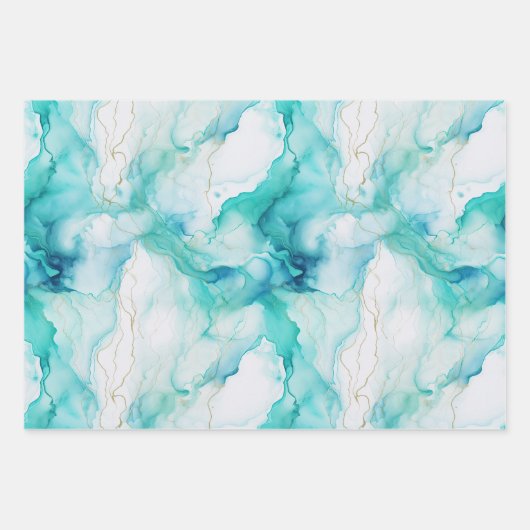 Mint Aqua Goud Inkt Marmer Inpakpapier Vel (Voorkant)