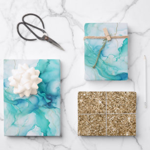 Mint Aqua Goud Inkt Marmer Inpakpapier Vel