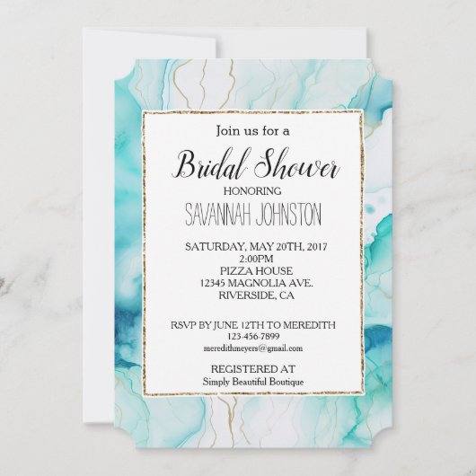 Mint Aqua Goud Inkt Marmer Kaart (Voorkant)