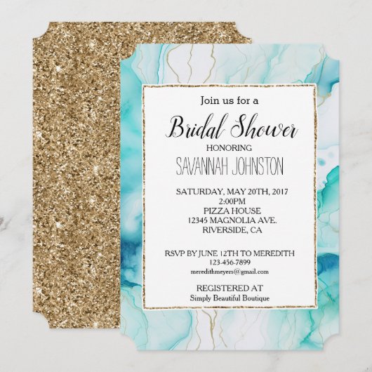 Mint Aqua Goud Inkt Marmer Kaart (Voorkant / Achterkant)